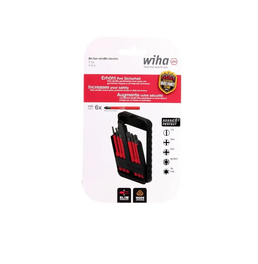 Juego de puntas eléctricas Wiha slimBit mixtas de 6 piezas (44366) Ranuradas / Phillips / Pozidriv / Torx