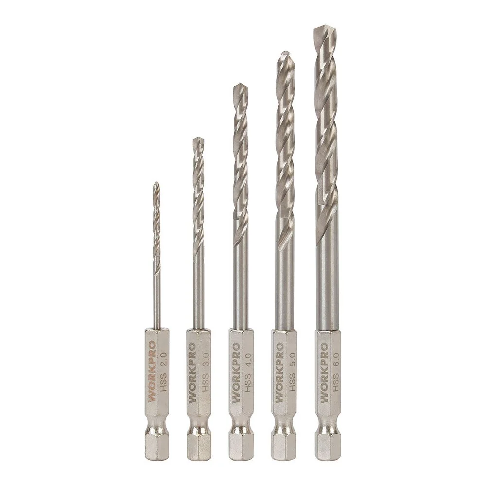 BROCAS VÁSTAGO HEXAGONAL ¼ pulg PARA METAL, RECTIFICADAS, Ø2,00 - Ø6,00 mm, JUEGO 5 PIEZAS WORKPRO