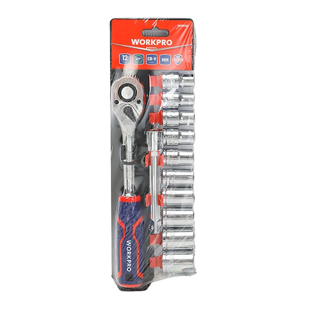 LLAVE DE CARRACA Y VASOS ½ pulg, ACABADO BRILLO, JUEGO DE 12 PIEZAS, MÉTRICO WORKPRO
